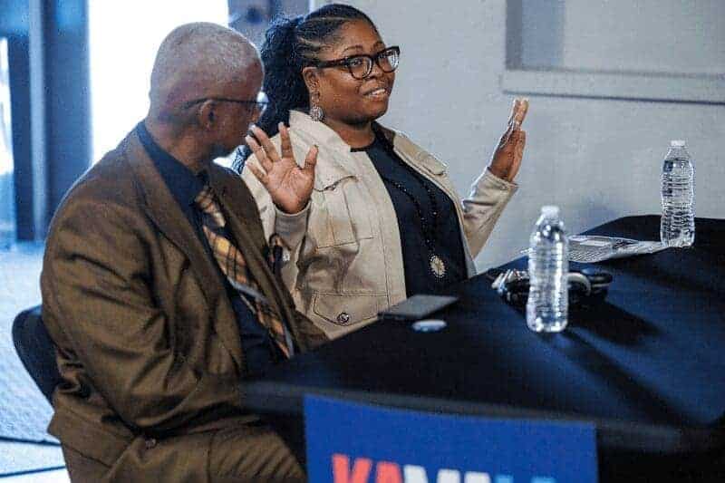 classy move productions owner dwayne clemons, left, and sonyita clemons, right, participate in a roundtable with small business owners and u.s. sen. cory booker (d-n.j.) in flint, mich., on sept. 20, 2024. Classy move productions owner dwayne clemons, left, and sonyita clemons, right, participate in a roundtable with small business owners and u. S. Sen. Cory booker (d-n. J. ) in flint, mich. , on sept. 20, 2024.