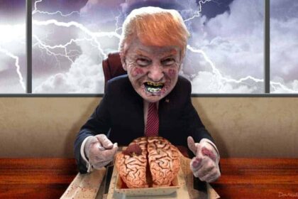 Donald Trump as a zombie eating a brain caricature