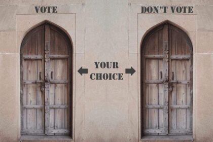 Two doors labeled with vote and don't above them