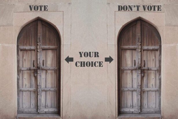Two doors labeled with vote and don't above them