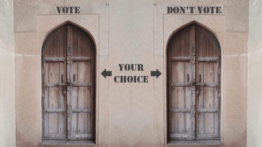 Two doors labeled with vote and don't above them