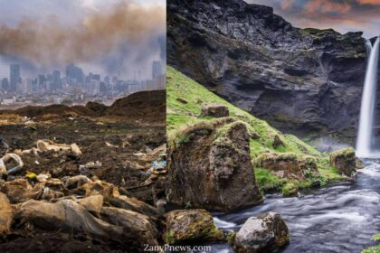 Split screen of companies polluting the air, trash all over the ground and green, beautiful nature.