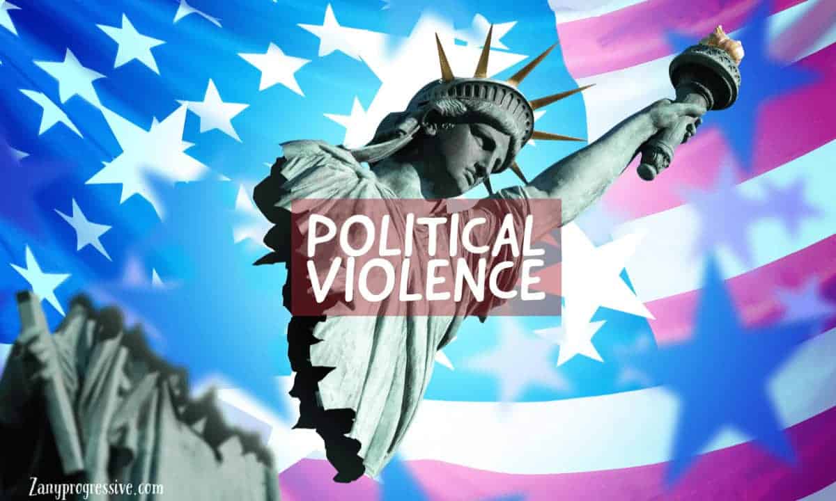 Political violence in the us graphic with a us flag background and a statue of liberty breaking in half.