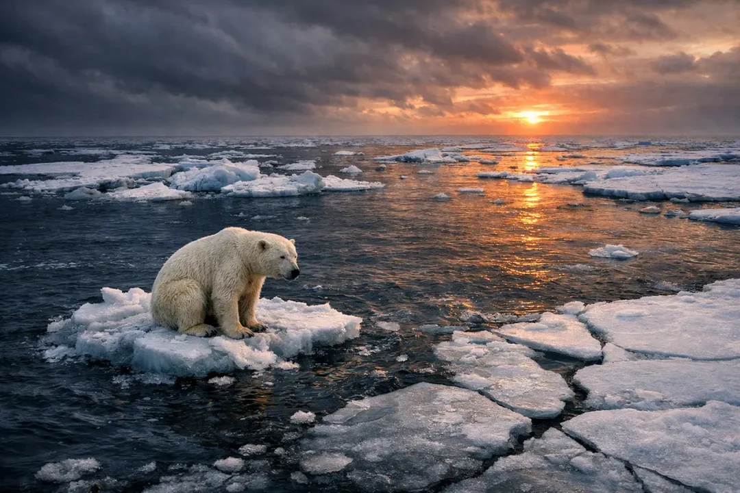 Myths about climate change a lone polar bear looks sad standing on a melting piece of ice