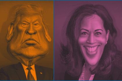 Caricatures of Donald Trump and Kamala Harris with orange tint on Trump and pink tint on Harris