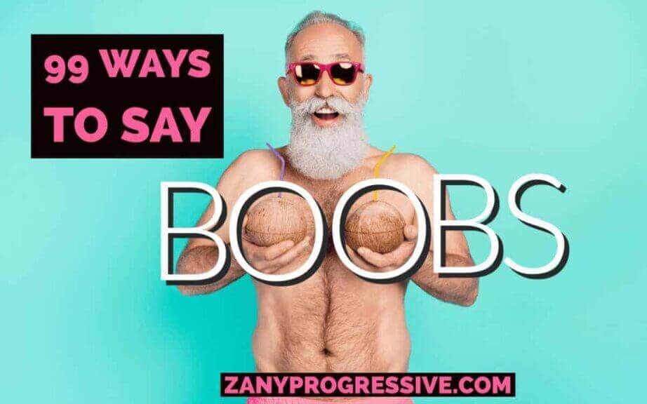 Graphic of an older man with a gray beard, shirtless, holding 2 coconut drinks with straws against his chest to signify breasts.