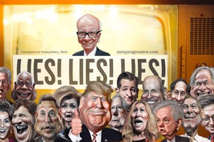 Caricatures of authoritarian Republican politicians in front of a television with LIES! on it.