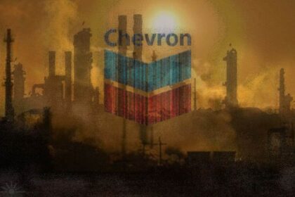 Chevron logo on a background of dirty air pollution