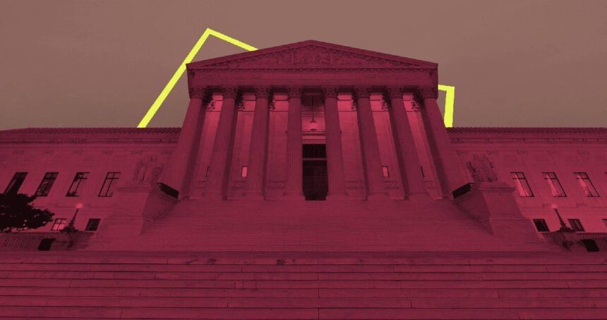 The supreme court building with a dark red overlay filter.