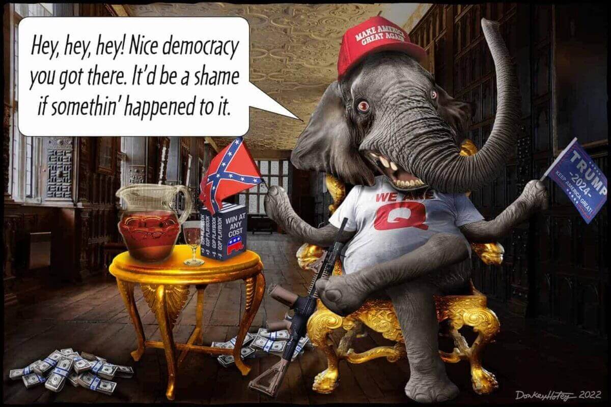 Political cartoon about Republicans being a threat to democracy