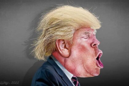 Caricature of Donald Trump side profile with a huge open mouth.