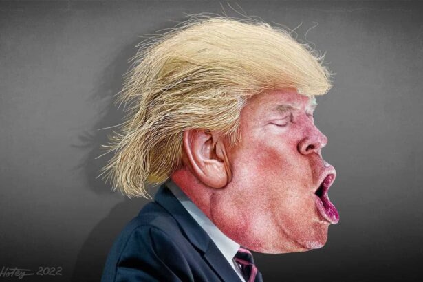 Caricature of donald trump side profile with a huge open mouth.