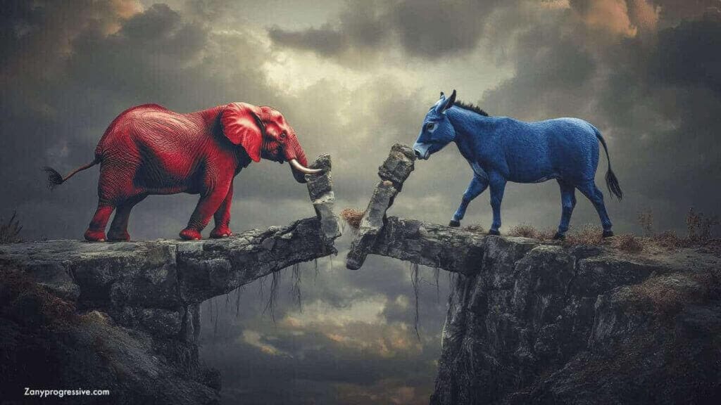Partisan divide. A red elephant and blue donkey on opposite sides of a very high stone bridge