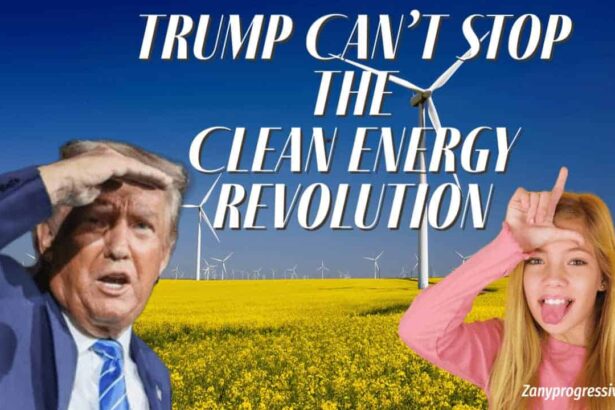 Trump looking at a wind turbine field and a little girl with her tongue sticking out, making the loser sign on her forhead