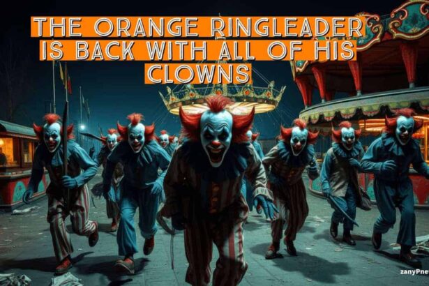 Scary clowns walking towards the camera at a carnival at night