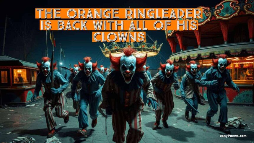 Scary clowns walking towards the camera at a carnival at night