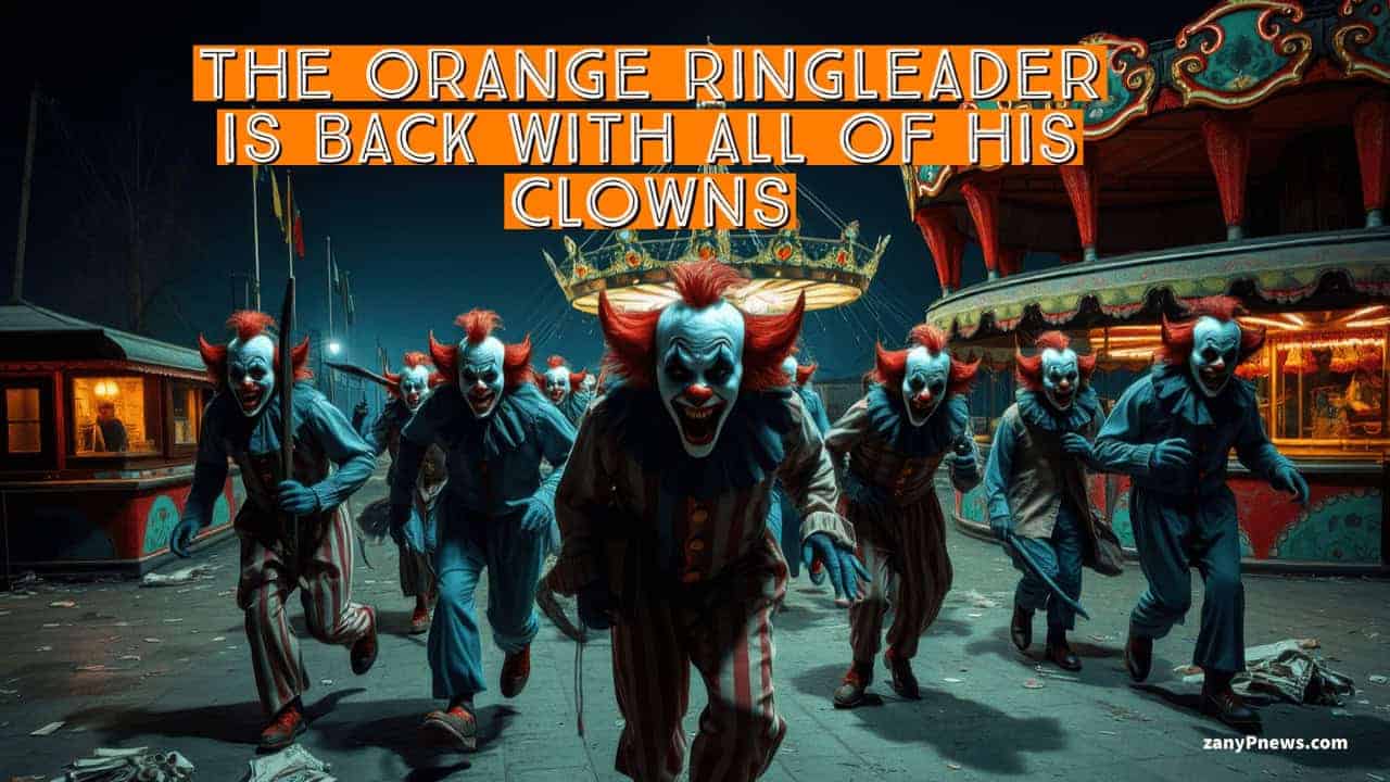 Scary clowns walking towards the camera at a carnival at night