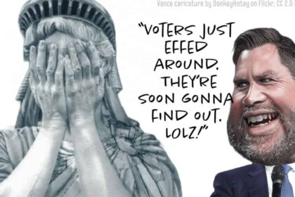 Statue of Liberty with her face in her hands, crying. JD Vance IDPs laughing at her