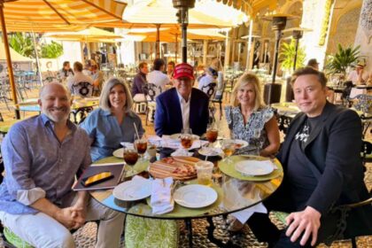 President-elect Donald Trump, center, sits with, left to right, businessman Howard Lutnick; Iowa U.S. Sen. Joni Ernst; Ernst chief of staff Lisa Goeas; and billionaire entrepreneur Elon Musk at Mar-a-Lago, Trump’s Florida estate.