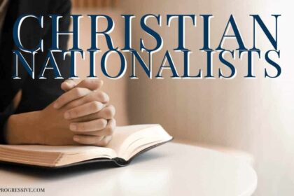Christian Nationalists graphic of an open Bible on a table with hands clamped in prayer on it
