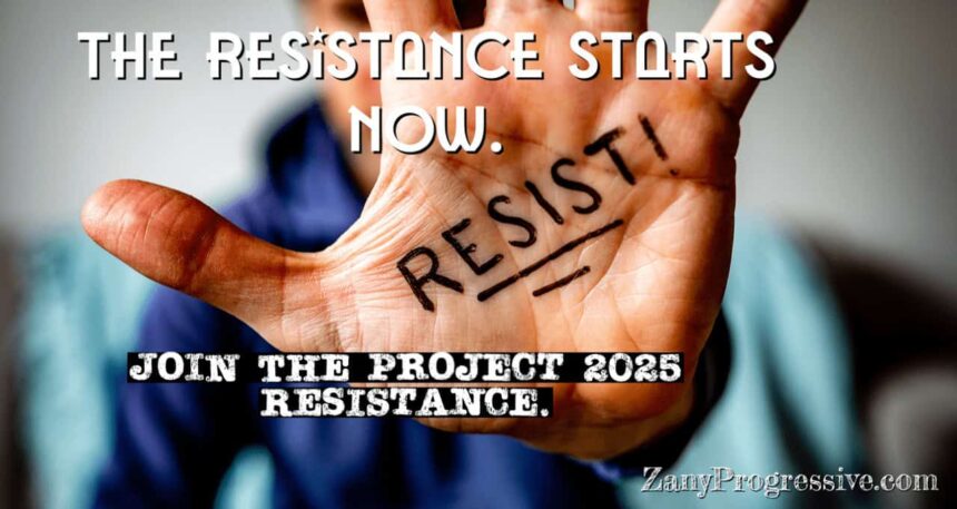 A man with an outstretched hand has resist! Written on it in black marker