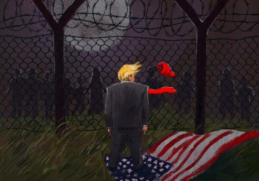 Comic book style cartoon of donald trump with a villain and the american flag