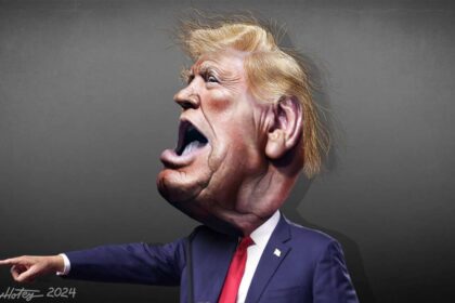 Caricature of Donald Teump -side view with his big mouth open