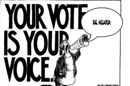 Your vote is your voice Political cartoon of a woman shouting into a megaphone.