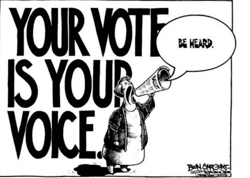 Your vote is your voice political cartoon of a woman shouting into a megaphone.