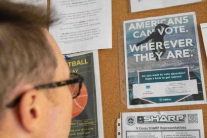 A voting pamphlet on a board at the U.S. Army's Camp Kosciuszko, Poland