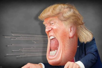 Caricature of Donald Trump screaming and spitting