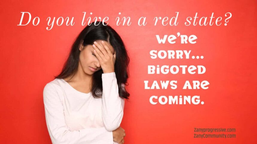 Woman with long dark hair looking painfully upset in a white sweater and jeans with a red background