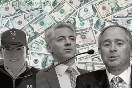 Billionaires Steve Cohen, Stephen Schwarzman, and Bill Ackman on a money background