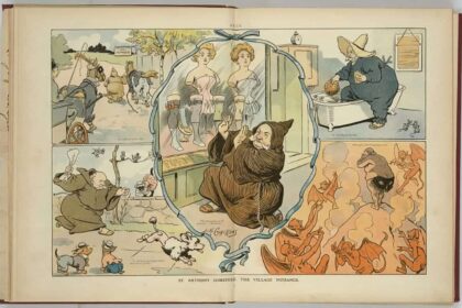 A cartoon from the Library of Congress’ collection depicts the moralistic crusader “Anthony Comstock as a monk thwarting shameless displays of excessive flesh, whether that of women, horses, or dogs, with a ‘Jane Doe Warrant.'” (Library of Congress)