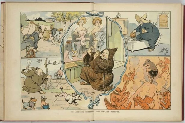 A cartoon from the Library of Congress’ collection depicts the moralistic crusader “Anthony Comstock as a monk thwarting shameless displays of excessive flesh, whether that of women, horses, or dogs, with a ‘Jane Doe Warrant.'” (Library of Congress)