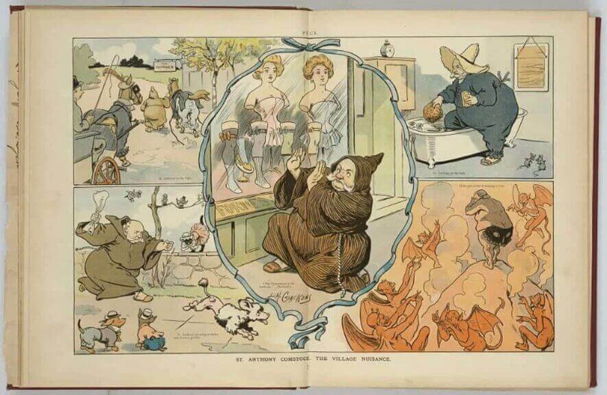 A cartoon from the library of congress’ collection depicts the moralistic crusader “anthony comstock as a monk thwarting shameless displays of excessive flesh, whether that of women, horses, or dogs, with a ‘jane doe warrant. '” (library of congress)