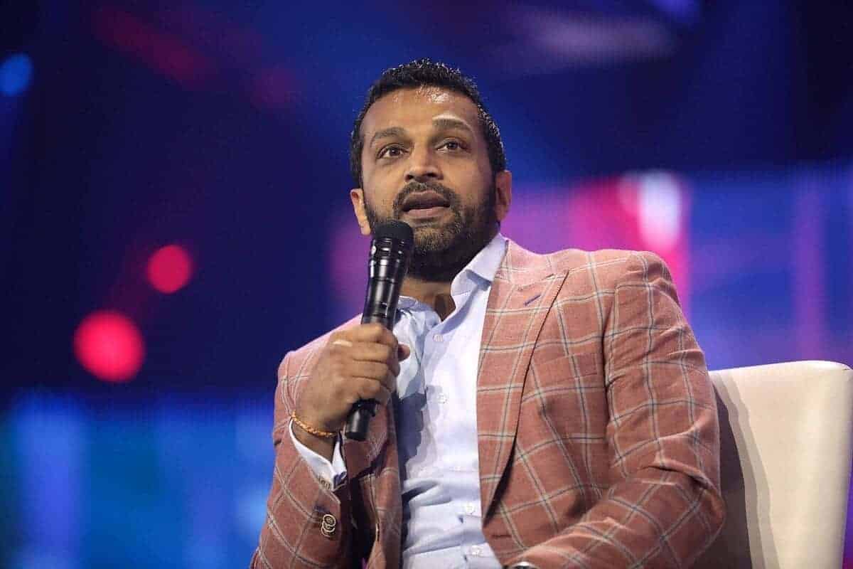 Kash patel speaking with attendees at the 2022 americafest at the phoenix convention center.