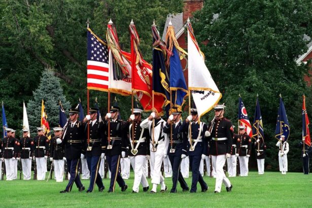 The en:joint service color guard advances the colors during the retirement ceremony of chairman of the joint chiefs of staff gen. Henry h. Shelton, at fort myer, va. , on oct. 2, 2001. Dod photo by helene c. Stikkel.