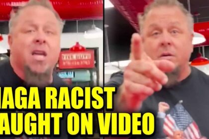 A man in a Trump t-shirt yelling at the person recording him.