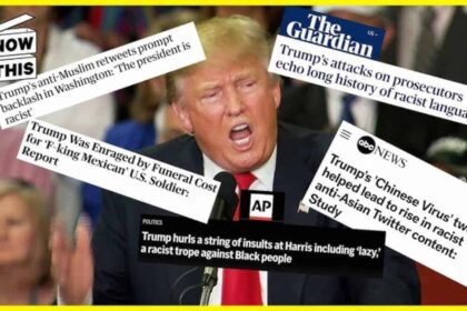 Donald Trump surrounded by news headlines about his racist remarks