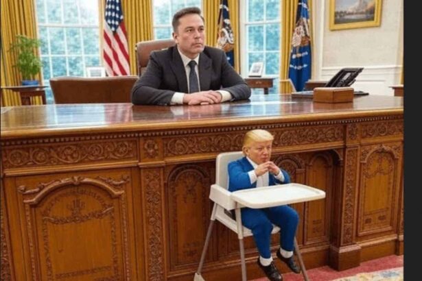 Elon musk as president with donald trump in a high chair