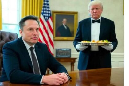 Meme of Donald Trump serving Elon Musk in the Oval Office like a butler