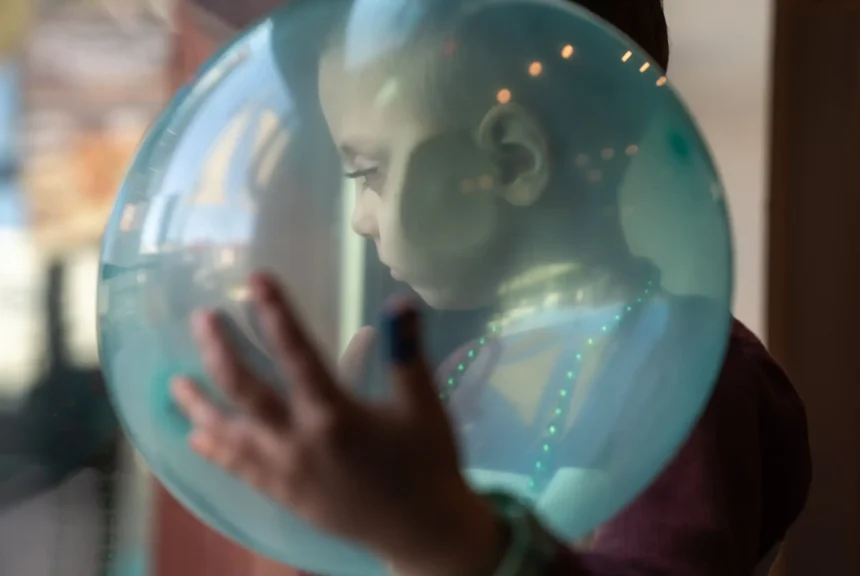 August looks through the glass door of the birthday venue while cradling a balloon on dec. 9, 2023. He had inoperable brain cancer and depended on medicaid to pay for full-time home nursing care from a private agency to help his mother take care of him throughout years of health crises