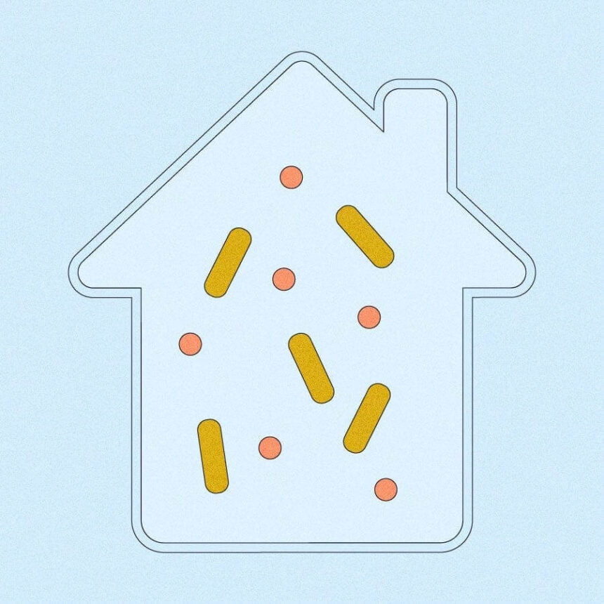 Illustration of the outline of a house with microbes floating around inside