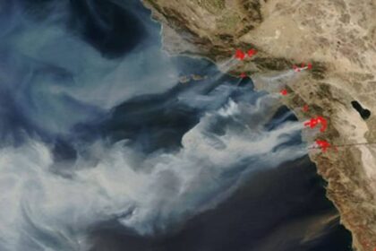 This is an image of wildfires in Southern California taken by one of NASA's MODIS satellites on the afternoon of October 22, 2007. The red dots are hot spots (fire pixels)