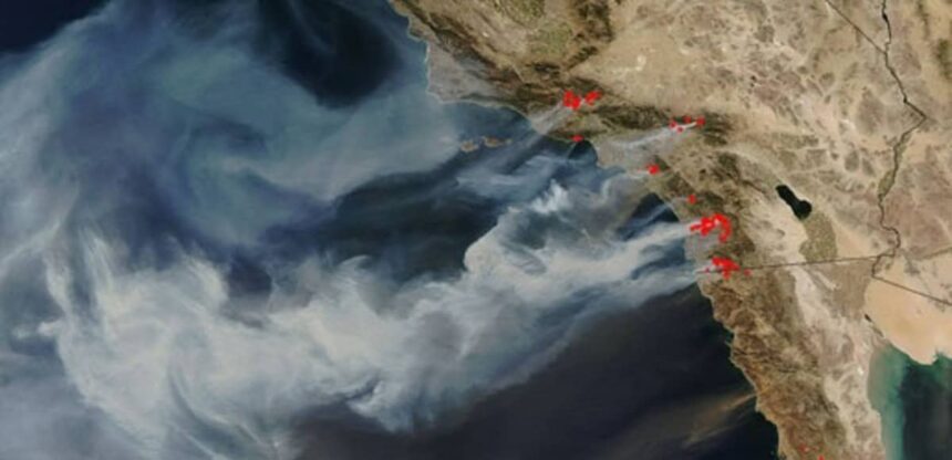 This is an image of wildfires in southern california taken by one of nasa's modis satellites on the afternoon of october 22, 2007. The red dots are hot spots (fire pixels)