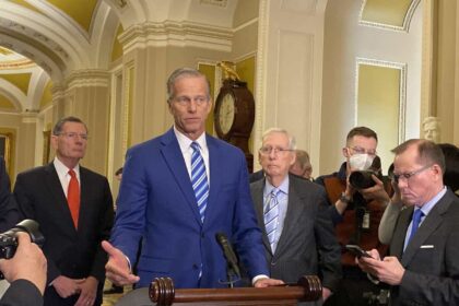 New Speaker of the House John Thune speaks to the press