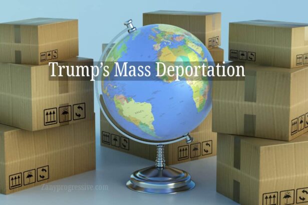 Trump mass deportation news graphic. Globe with piles of cardboard moving boxes around it