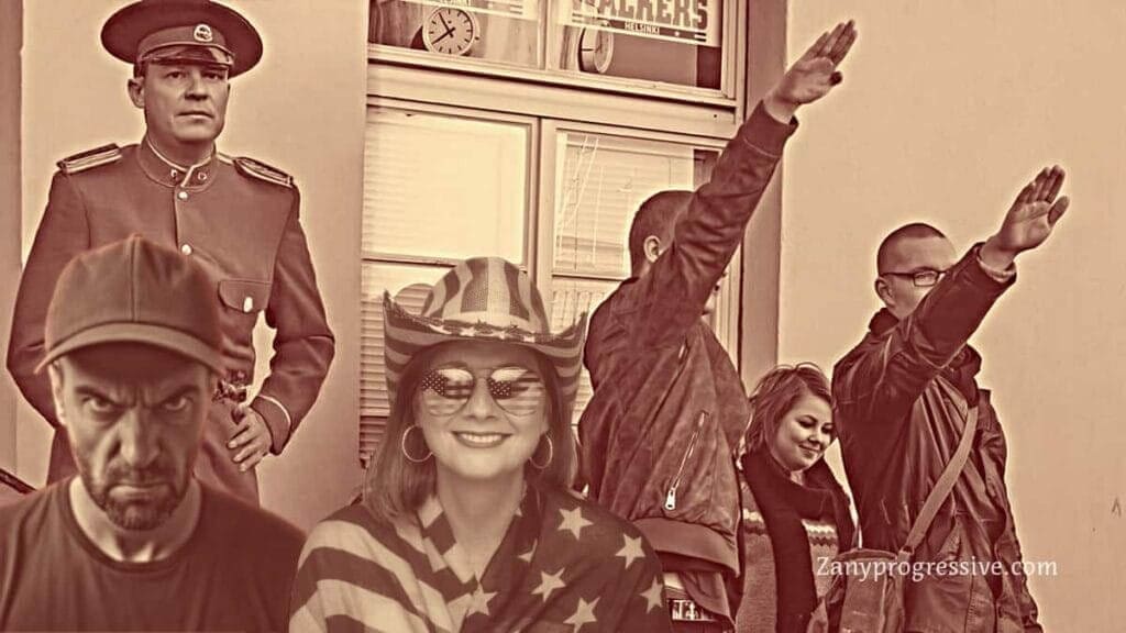 Maga man and woman with neo-nazis saluting in the background