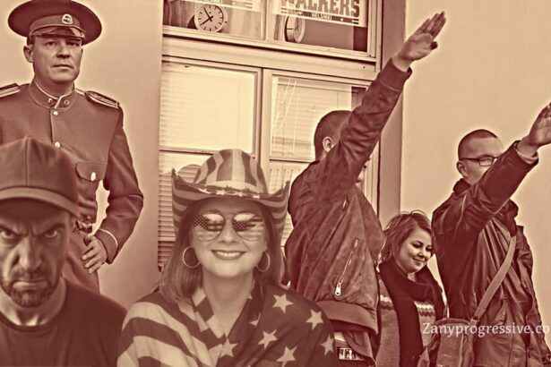 Maga man and woman with neo-nazis saluting in the background